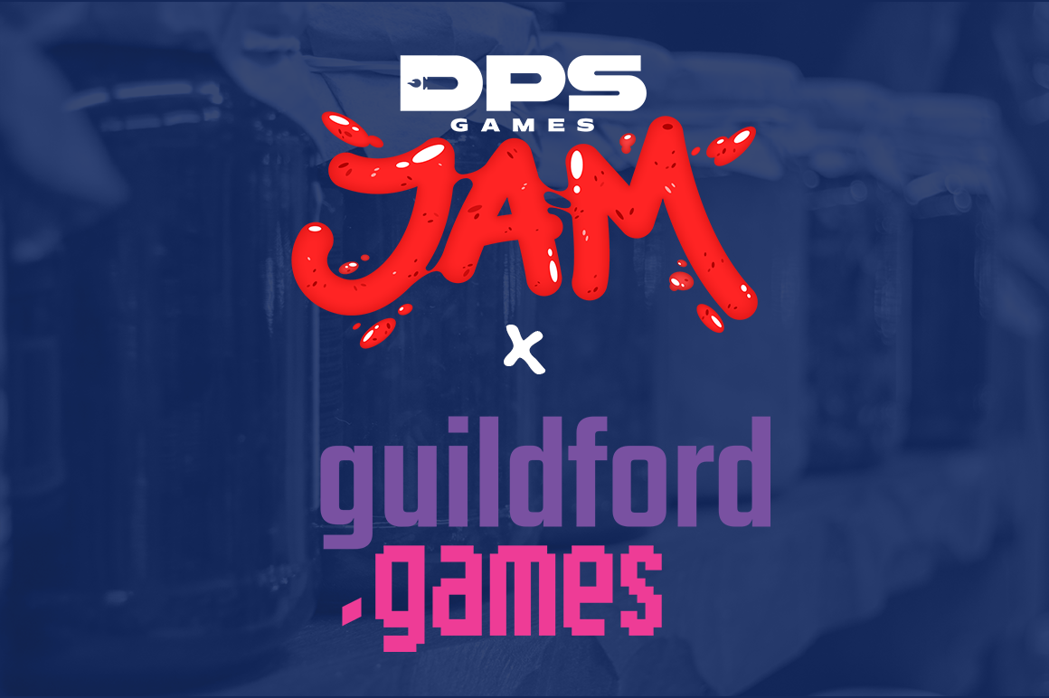 DPS Games "JAM" Logo and the Guildford Games logo are pictured together on a blue background